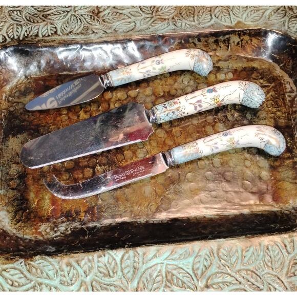 Vtg Bergner El Sheffield England 3-Pc Floral Porcelain Handle Knife Set - Picture 1 of 4